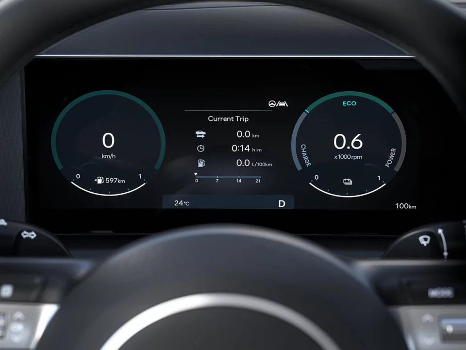 The 12.3" digital cluster displaying the speed and system information of the Hyundai TUCSON Plug-in. 