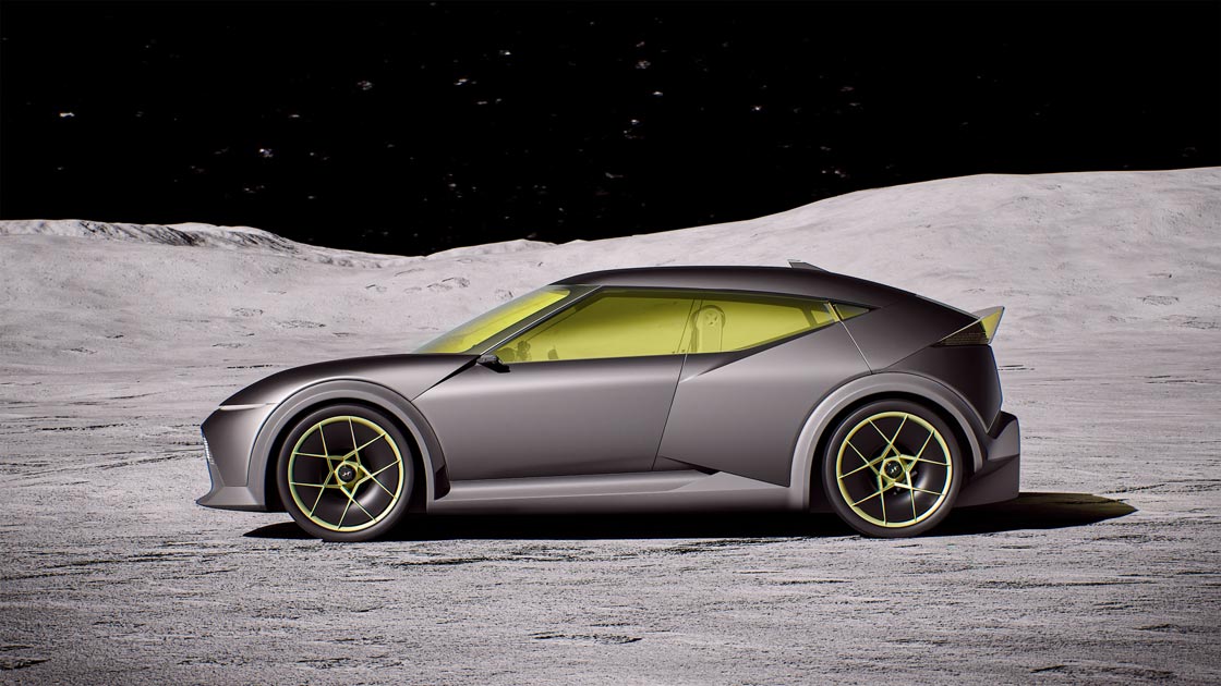 Концепт Hyundai THREE на поцяткованій кратерами місяцеподібній поверхні під зоряним небом, з жовто тонованими вікнами та акцентними чорними колесами.
